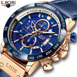 LIGE Fashion Blue Leather Mens Watches Top Brand Luxury Sport Chronograph Quartz Watch Men Casual Waterproof Male Wrist Watches 210527