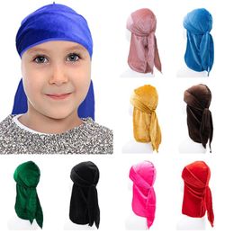 Kids Durags Unisex Solid Color Velvet Breathable Long Tail Bandana Child Hat Turban Durag Cap Headban Headwear Hair Accessories Beanies