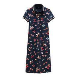 Women Navy Blue Turn Down Collar Print Cotton T-shirt Dress Short Sleeve Button Knee Length Oversize D2577 210514