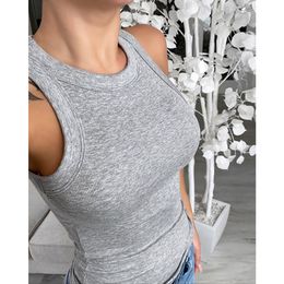 Tank Top Women Summer 2021 Sexy SleevelO Neck Ribbed Croptops Solid Crop Vest Tops Camisole Casual FitnFemme Top Vest X0507