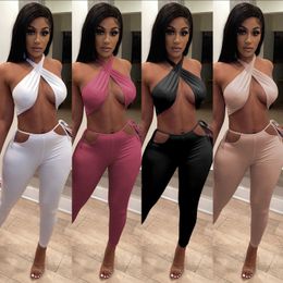 Casual Solid 2 Piece Set Women Summer Sexy Bandage Halter Crop Top + Pencil Pants Bodycon Party Clubwear Two Piece Set Outfits Y0625