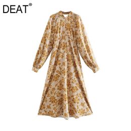 [DEAT] Spring Autumn Fashion Round Neck High Waist Knee-length Backless Long Sleeve Printing Dress 13C365 210527