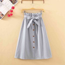 Womens Skirts Midi Knee Length Korean Elegant Button High Waist Skirt Female Pleated School Skirt 210721