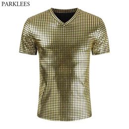Men's T-shirts Shiny Gold Plaid Coated Metallic Nightclub t Shirt Men Short Sleeve Slim Fit Tshirts Mens Pron Stage Clothing 210522 Xufeng456