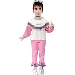 Kids Clothes Girls Plaid Sweatshirt + Pants Outfits Patchwork Teenage For Letter Childrens Clothing 210527