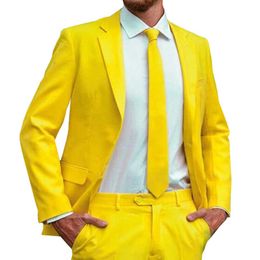 Yellow Casual Men Suits for Prom 2 Piece Slim fit Groomsmen Tuxedo with Notched Lapel Wedding Male Fashion Blazer Pants X0909