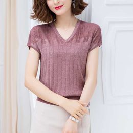 Shiny Women Sweater Knitted Female V-neck Cashmere Sweater And Pullover Female Summer Oversized Jumpers Casual top 210604