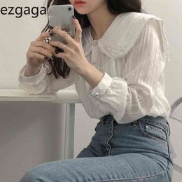 Ezgaga Blouse Women Sping Peter Pan Collar Long Sleeve Korean Fashion Loose Lace Patchwork Solid Ladies Shirts Sweet Blusas 210430