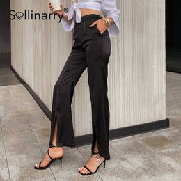 Sollinary Autumn split hem flare pants women Elegant loose office lady bottoms Fashion high waist black long pants 210709