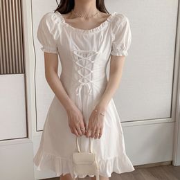 Summer Retro Stitching Wood Ears Lace Cross Lacing Up Short Sleeve Short Dress for Woman White Casual Mini Dresses 210518