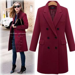 Plus Size Autumn Winter Women Coats Casual Solid Wool Jackets Blazers Elegant Lapel Double Breasted Thick Long Ladies 210526
