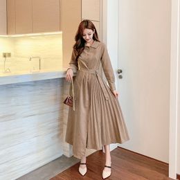 Plus Size Solid Women Dresses Flare Full Sleeve A-line Female Turn Down Collar Dress Spring Autumn Pleated Long Vestidos 210514