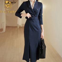 Autumn and winter Elegant Dress Women Office Formal Wear Business Work Fishtail Solid Colour V Neck Long Sleeve 210506