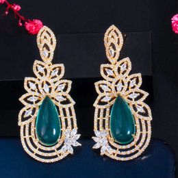 Exquisite Leaf Drop Dangle Cubic Zirconia Gold Colour Big Long Wedding Earrings for Women Luxury Bridal Jewellery CZ841 210714