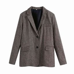 Women Retro Plaid Single Breasted Blazer Jacket Office Lady Seprartely Houndstooth Suit Coat Outwear Female Blazers 210521