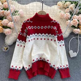 High Quality Women Christmas Knit Sweater Geometric Pattern Turtleneck Long Sleeve Autumn Winter Warm Pull Loose Pullover Jumper 210514