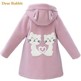 Children's autumn Winter Woolen Coats For Teenager Girls Clothing Cute Cat Print Back Long Wool clothes kids Outerwear 211204