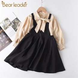 Kids Fashion Costumes 4-13Y Girls Casual Suspender Dress with Bowknot Teenager Girl Elegant Princess Outfit Clothing 210429
