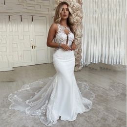 Abiti da sposa sexy a sirena 2021 Scollo tondo Appliques di pizzo Abito da sposa Abito da sposa aperto sul retro Country Vestido de novie