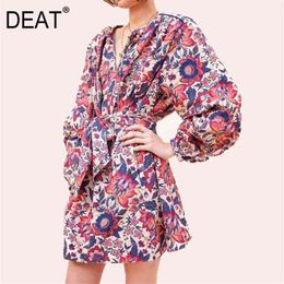 DEAT spring and summer fashion women clothes round neck lantern sleeves printed colored pullover high waist dress 210527