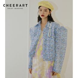 Floral Puff Sleeve Women Jackets Spring Autumn Designer Coat Pearl Button Lace Cover Cropped Jacket Fall Fashion 210427