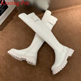 Krazing pot high quality cow leather platform thigh high boots round toe casual winter shoes zip dress over the knee boots L92 210911