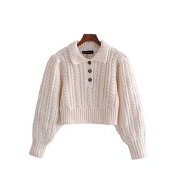 Elegant Women Puff Sleeve Short Sweaters Fashion Ladies Streetwear Loose Knitted Tops Causal Female Chic Button Pullover 210427