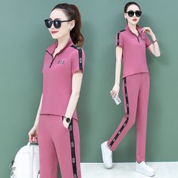 Casual Rhinestones Tracksuit 2 Piece Set Women Summer Stand Collar Short Sleeve Pullover Tops + Pants Suit Fashion Jogging Sets X0428