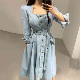 Autumn And Winter Women Denim Dresses Casual Mid-Calf Square Collar Single Breasted Pockets Office Chic 210520