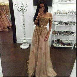 Lace 2021 Champagne Beaded Arabic Evening Sweetheart A-line Tulle Prom Dresses Vintage Cheap Formal Party Gowns