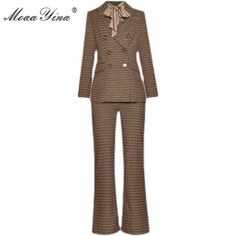 Fashion Set Spring Women's Blouses+Double breasted Suit Tops+Trousers Houndstooth Three-piece suit 210524