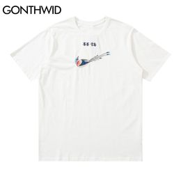 GONTHWID Tees Shirts Harajuku Embroidery Chinese Character Magpie Short Sleeve Tshirts Streetwear Men Hip Hop Casual Cotton Tops C0315