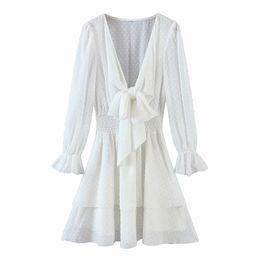 Women White Chiffon Dress Sexy Knot V Neck Long Sleeve Summer Elegant Ladies Elastic Waist A Line Vestido 210514