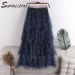 SURMIITRO Spring Summer Long Tulle Skirt Women Korean Patchwork Plaid Mesh Sun School High Waist Maxi Plested Skirt Female 210712