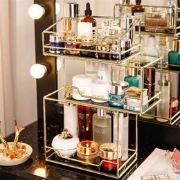 Nordic Fashion Rotating Cosmetic Desktop Storage Box Transparent Makeup Storage Shelf 2 Tiers Tray Dressing Table Finishing Rack 211112