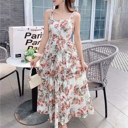 Sexy Beach Dress Women Print Sleeveless Sling Summer Strap Ruffled Midi Dresses Backless Boho Holiday Party 210529