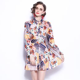 Retro Printed Girl Dress Long Sleeve Stand Collar Spring Autumn Dress High-end Trend Lady Dress Party Dresses