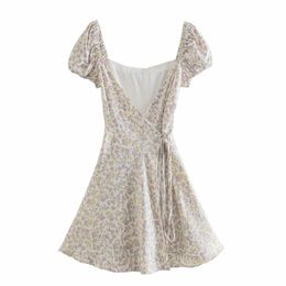 Summer Women Flower Printing Cross V Neck Mini Wrap Dress Female Short Sleeve Clothes Casual Lady Loose Vestido D7630 210430