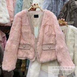 New design women's fashion cotton padded liner V-neck beading real rabbit fur short coat parkas