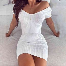 Sexy Club Off Shoulder Long Sleeve Bodycon Dress For Women Winter White Knitted Sweater Mini Woman Dresses Robe Femme 210806