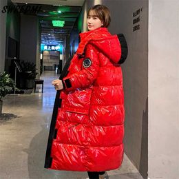 Glossy Winter Jackets Women Hooded Waterproof Female Fashion Coat Long Reflective Warm Parkas SWREDMI 211018