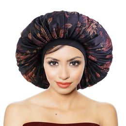 Exlarge Size Silky Fabric Print Bonnet With Elastic Band Soft Nightcap Women's Hair Accessories Smooth Hair Care Cap