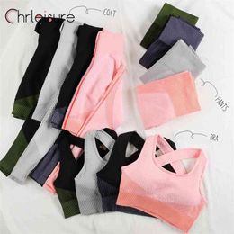 CHRLEISURE 2/3Pcs Seamless Yoga Sets Women Sportswear Sports Bra Long Sleeve Crop Top Running Gym Fitness Workout Leggings Set 210802