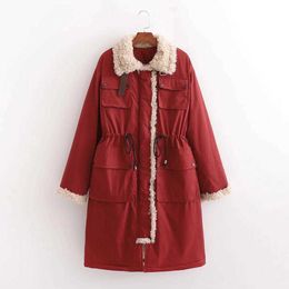 Women Cotton Padded Fleece Jacket Medium Length Winter Warm Plush Pie Over Coat Waist Drawstring Chic Clothes 210602