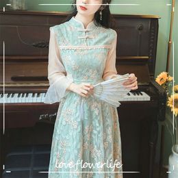 Elegant Cheongsam Dress Women Lace Patchwork Party Vintage Dress Three Quarter Embroidery French Retro Dress Korean Autumn 210521