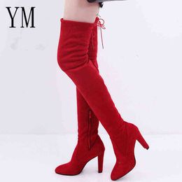 Hot Women Casual Red Over the Knee boots shoes Winter Female Round Toe Platform high heels Pumps Warm Snow Boots Zip Mujer 43 H1123