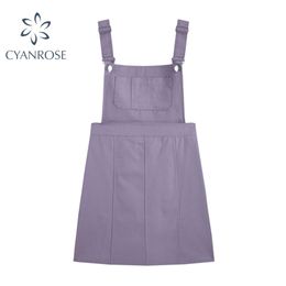 Purple Mini Overalls Vest Dress Women Retro Preppy Style Sweet Crop Suspenders Frocks Female High Waist Elastic Streetwear Lady 210515