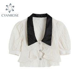 Korean Style Ruffle Design Women Shirts Summer Fashion Turn Down Collar Patchwork Puff Short Sleeve Office Lady Shirt Tops 210515
