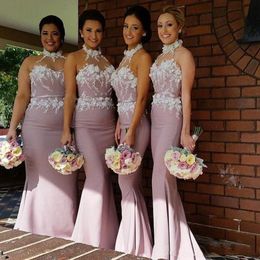 2021 New Hater Beach Peach Mermaid Bridesmaid Dresses Sheer Neck Applique Satin Long Custom Made Cheap Bridesmaid Gowns Formal Dresses