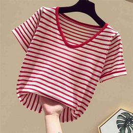 Fashion V collar stripe sweater bottoming shirt women's Loose thin pullover summer Ice silk Short sleeve 210507